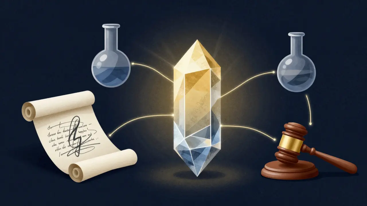 Abstract illustration showing a rough sketch transforming into a structured crystal representing a thesis.
