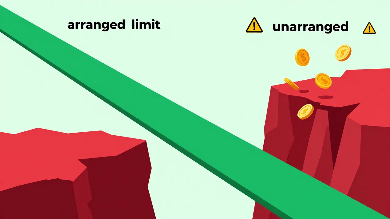 Abstract illustration showing safe arranged vs risky unarranged overdraft paths