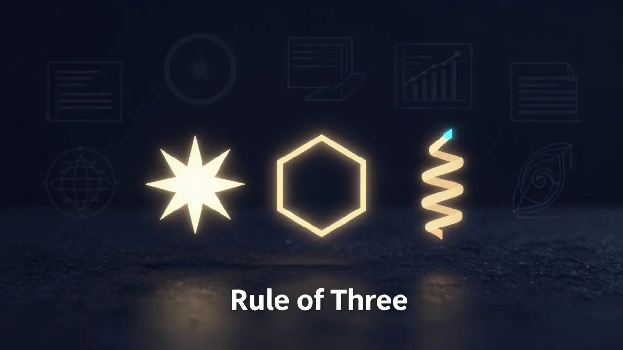 Abstract illustration showing three highlighted geometric shapes representing key portfolio projects against a dark background