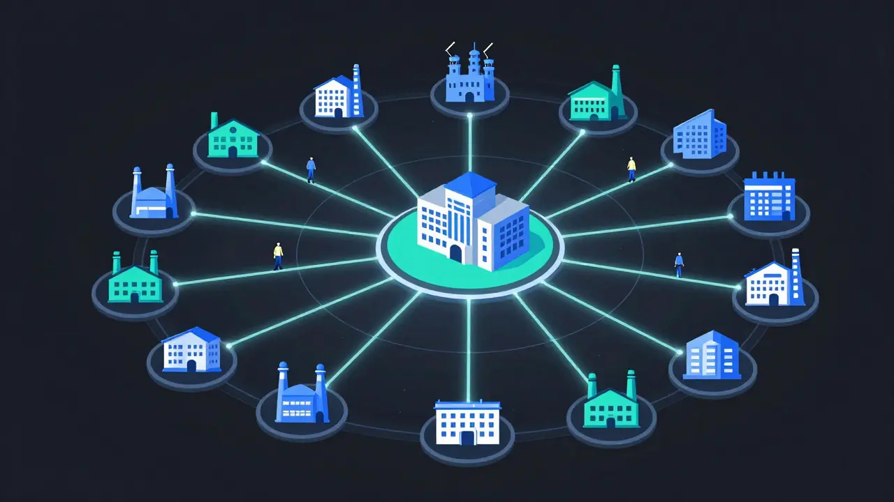 Abstract network diagram connecting universities and industries for research training