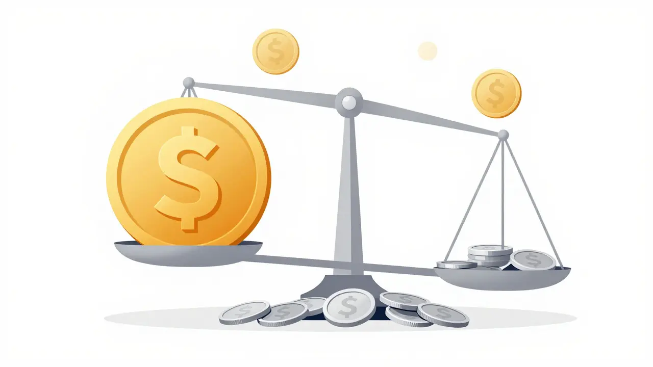 Abstract scale tipping under heavy coin representing uneven loan payments
