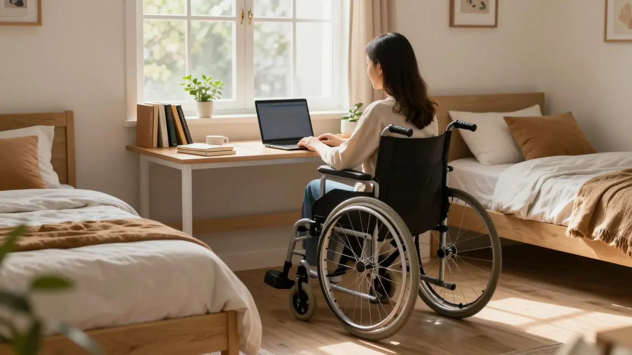 Accessible student bedroom with lowered desk and space for wheelchair