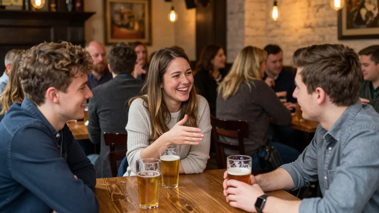 Alumni mentoring students at a social gathering in a British pub