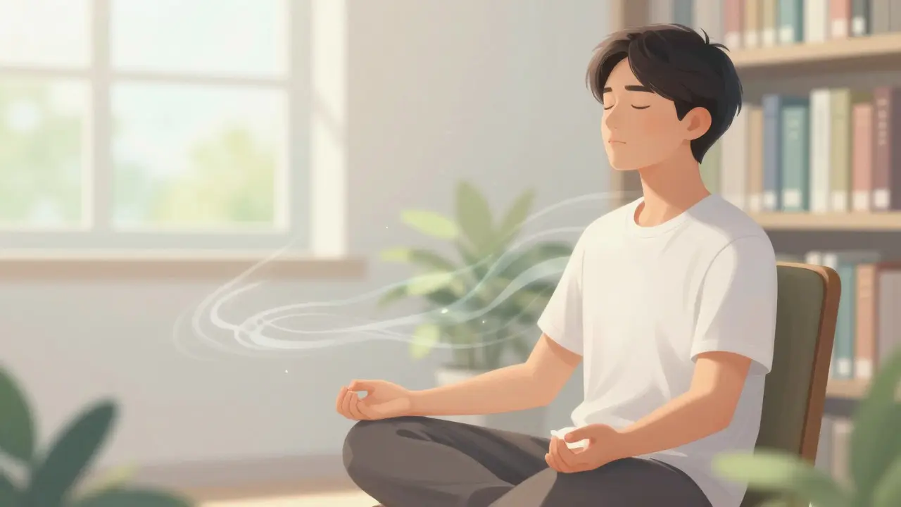 An artistic depiction of a student meditating in a library, surrounded by calming light