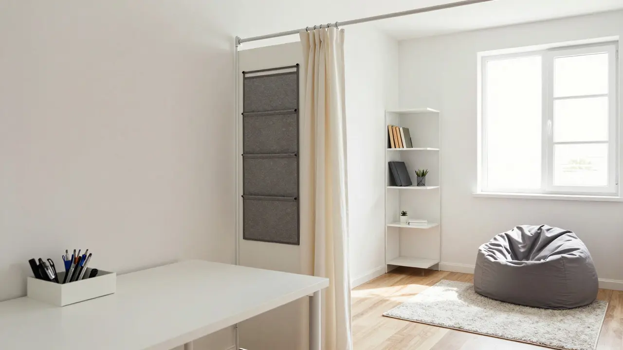 An organized student room with distinct study and relax zones using rugs