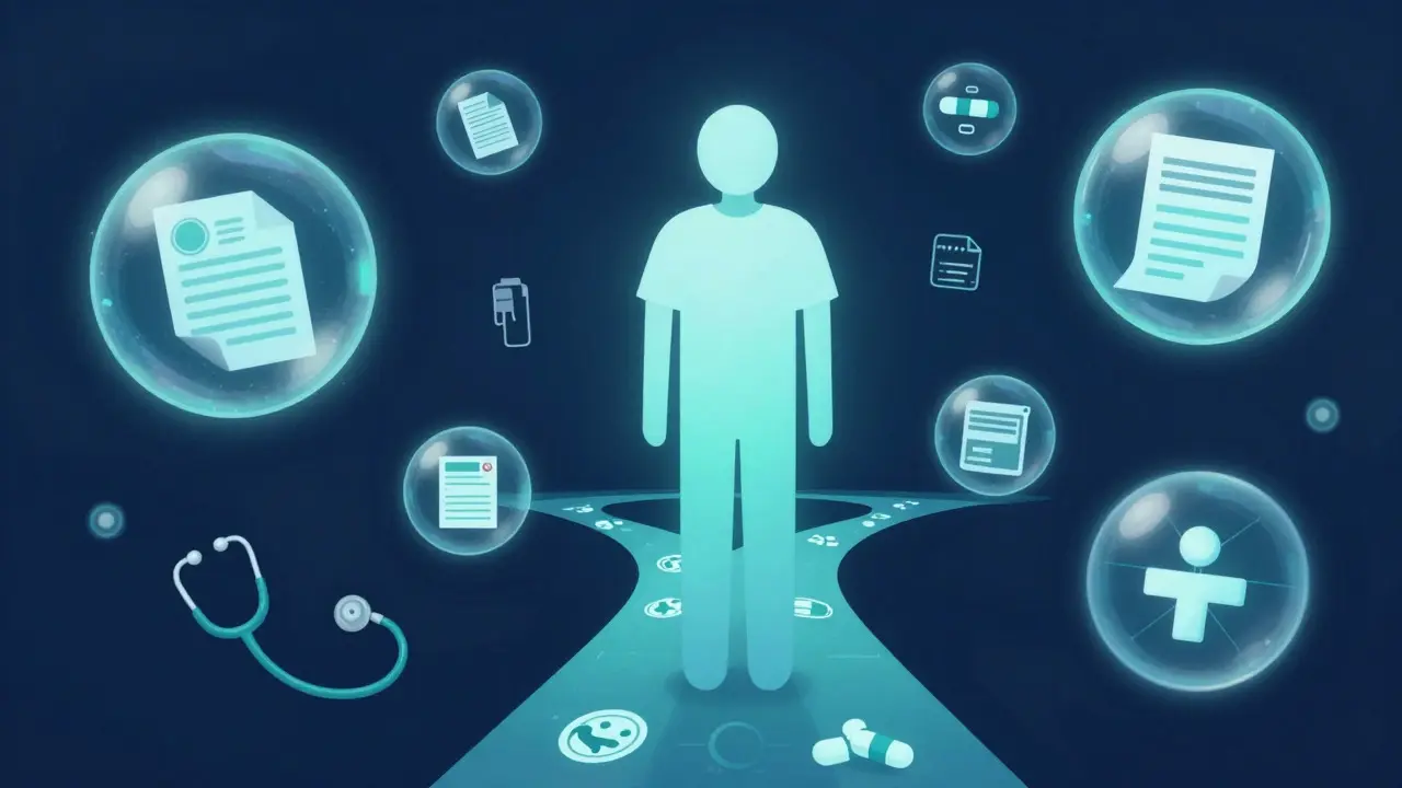 Artistic concept of a student's health journey with medical icons