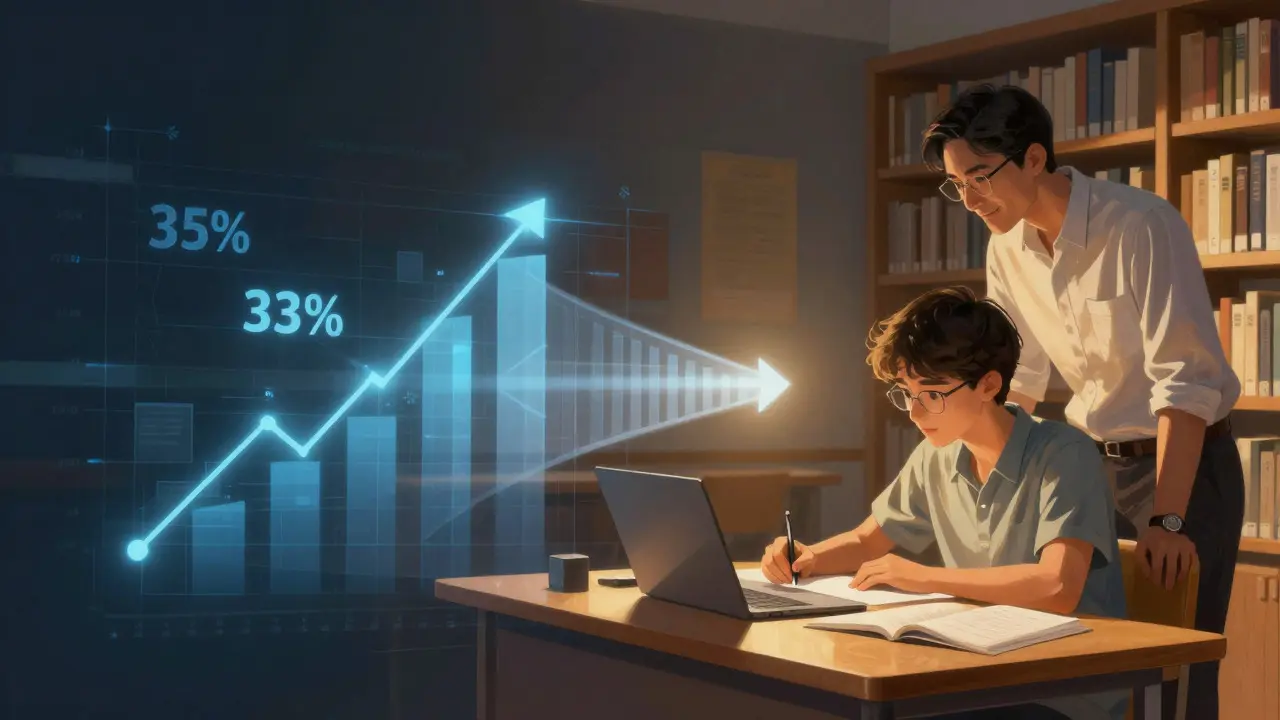 Artistic concept showing a bridge between abstract data graphics and a student studying with a tutor