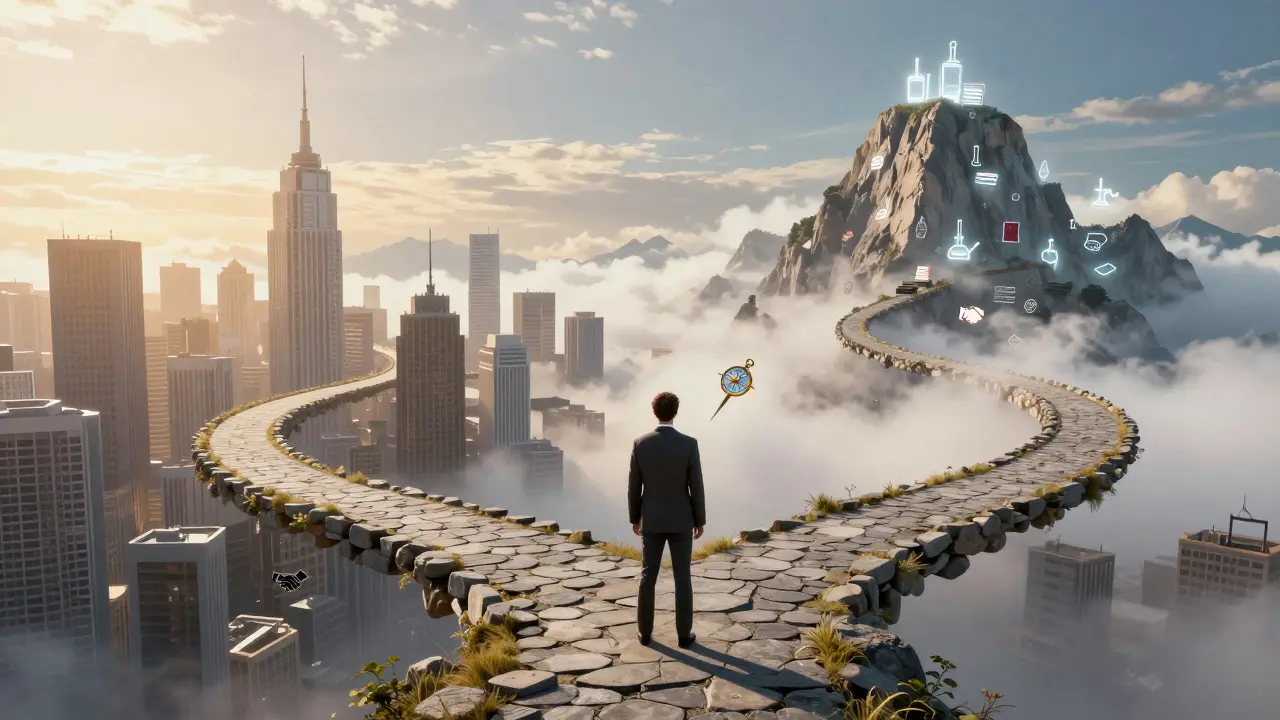 Artistic depiction of a student choosing between a path to industry and a path to academia