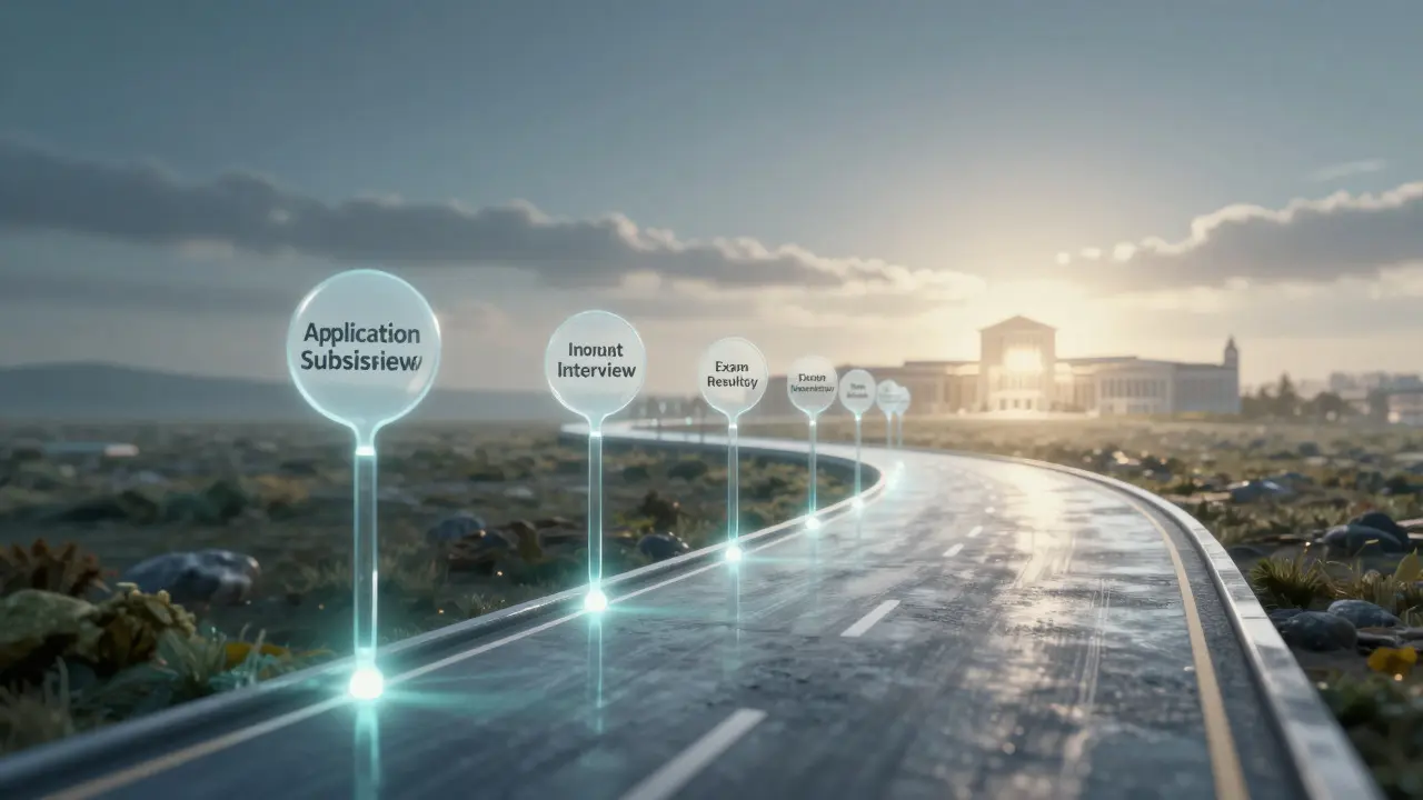 Artistic depiction of a university admissions timeline leading to a bright future