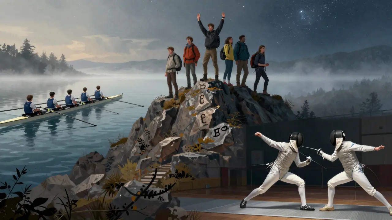 Artistic depiction of diverse student sports including rowing, hiking, and fencing