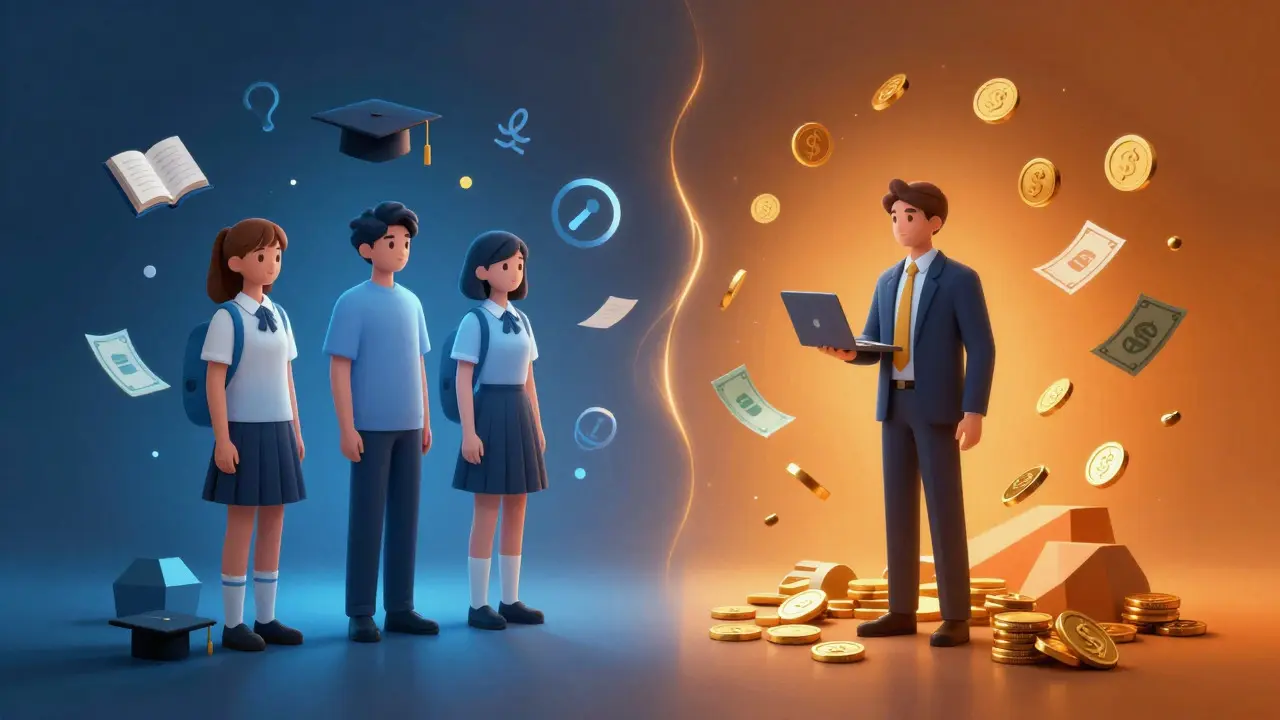Artistic split showing exempt students versus liable workers