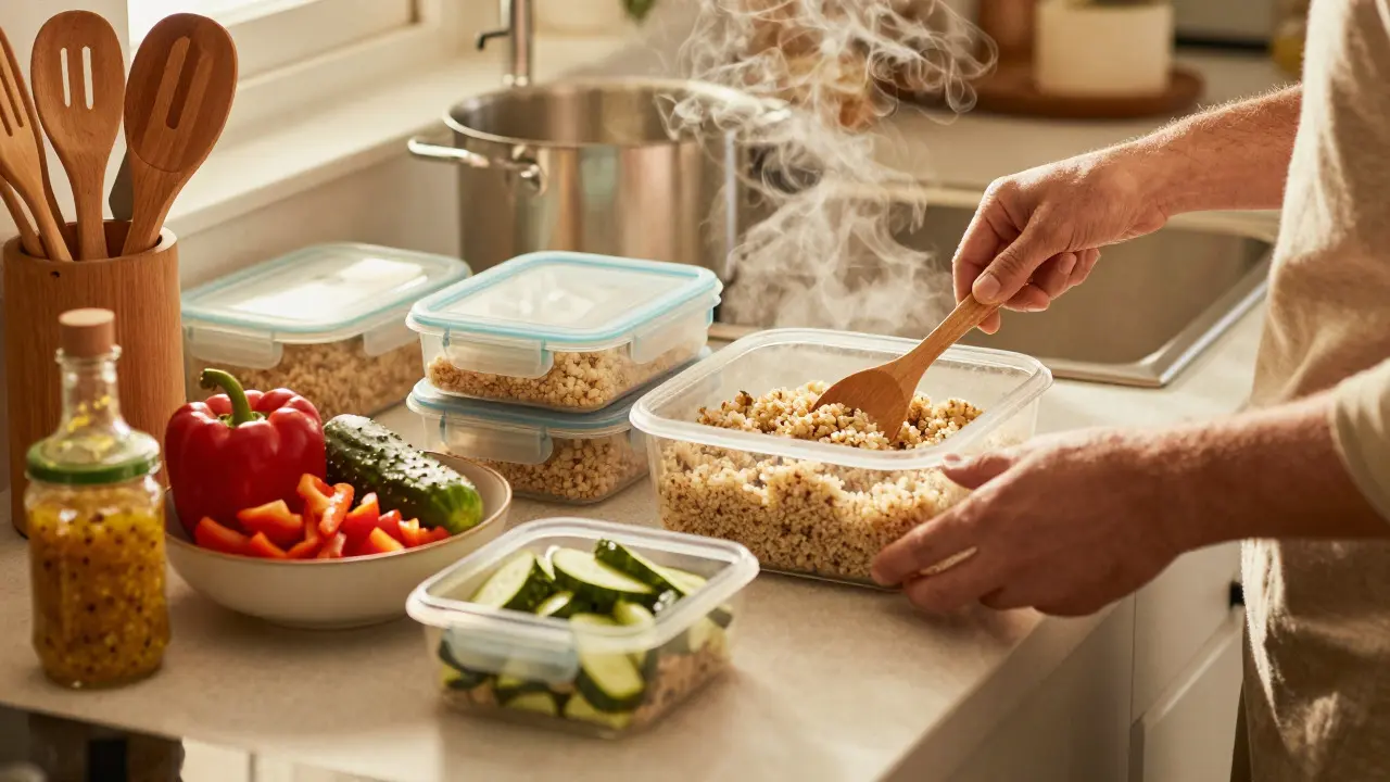 Batch cooking healthy ingredients in a shared student kitchen