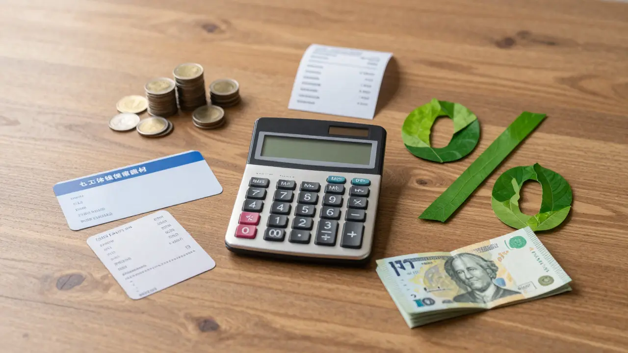 Calculator, loyalty cards, and coins on a desk representing student savings