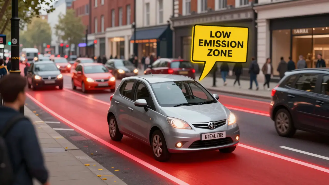 Car surrounded by red zone graphics in a city
