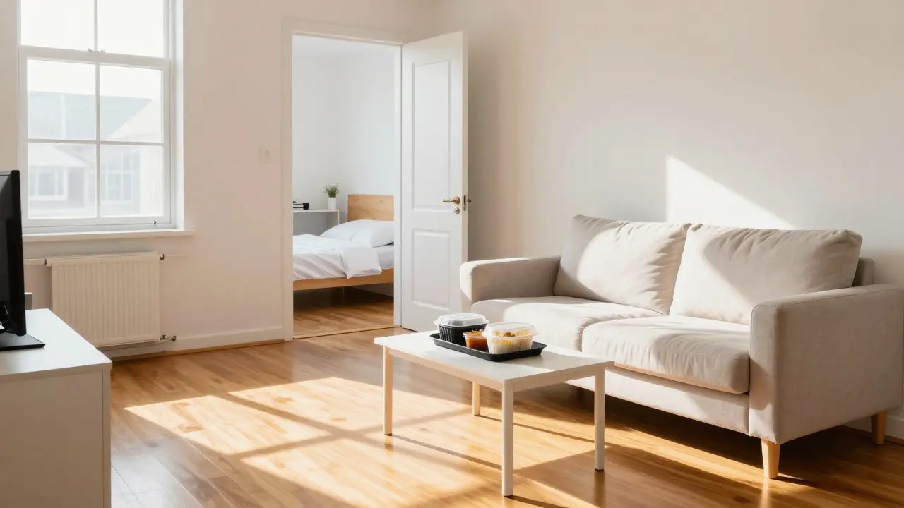 Clean and tidy student living room with sunlight and takeout food
