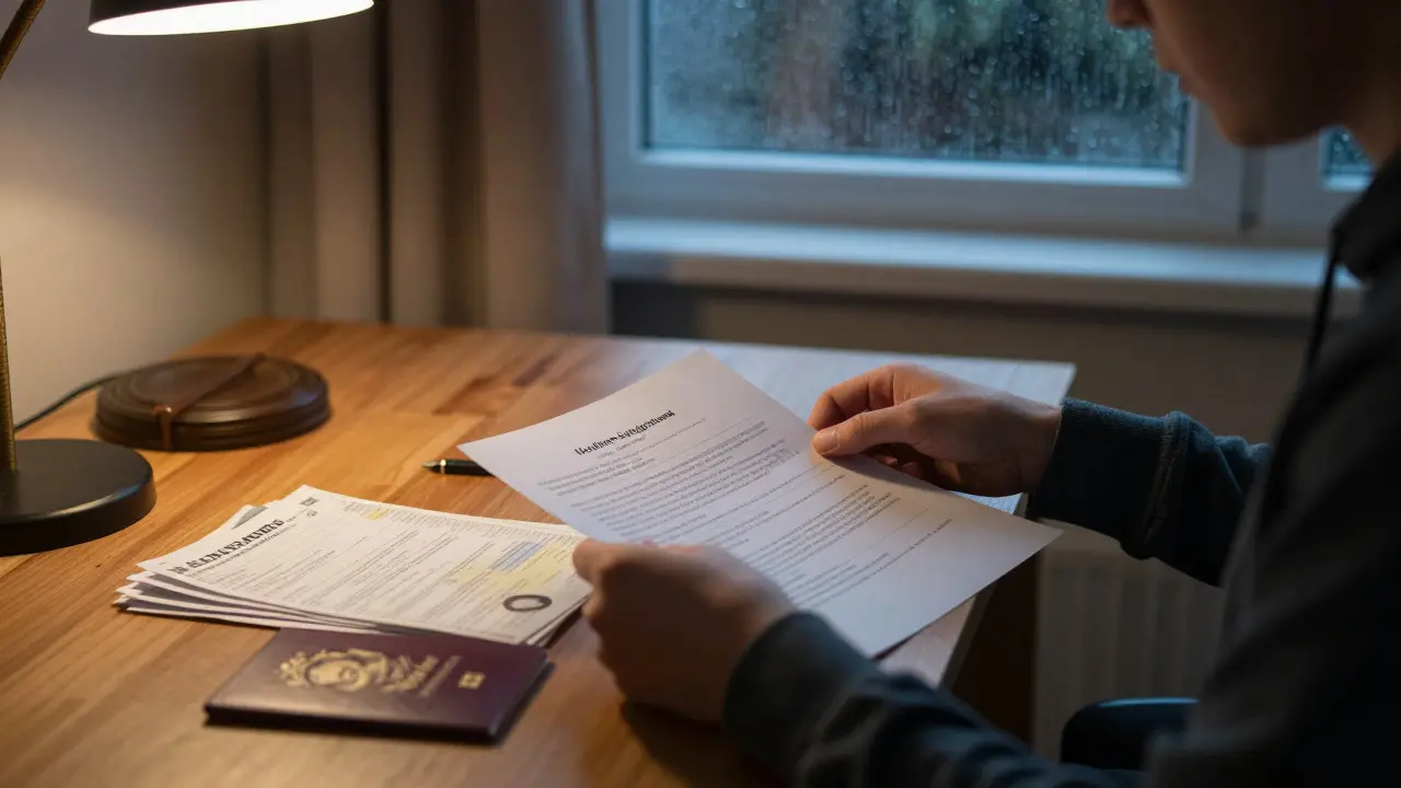 Close-up of a student organizing documents and bills in a warm, rainy-day setting