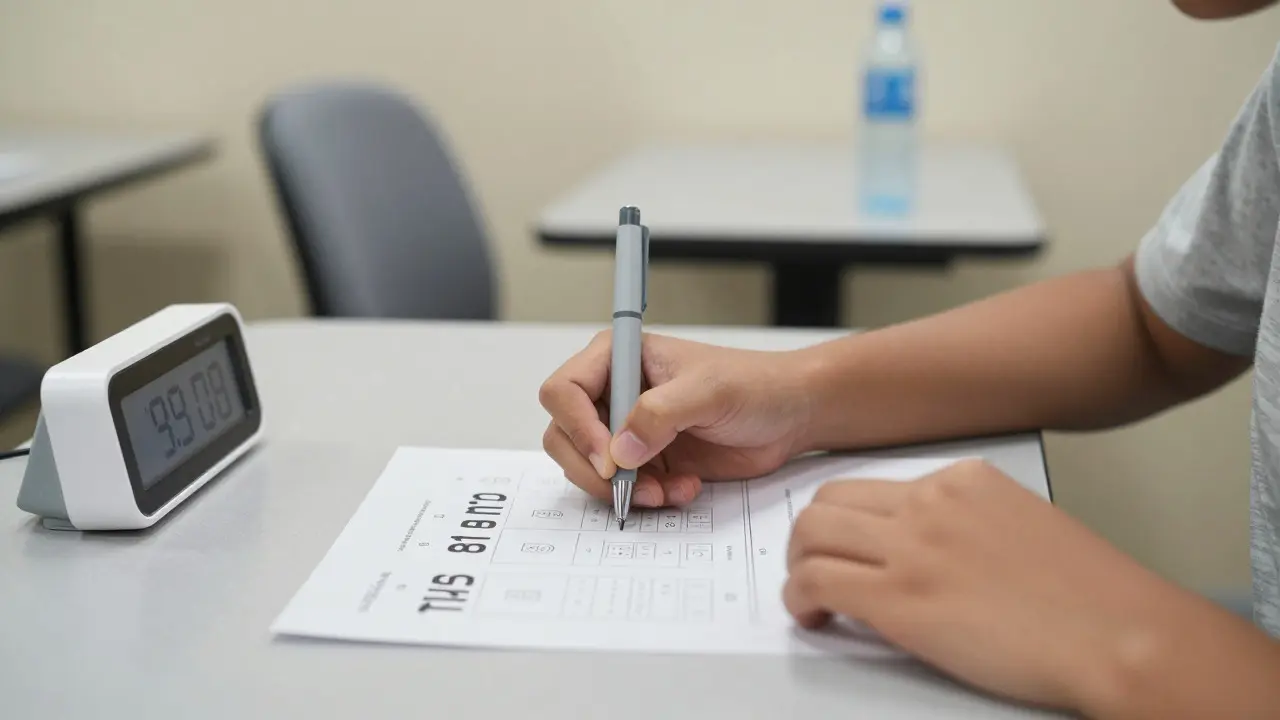 Close-up of a student taking an exam with extra time and large print materials