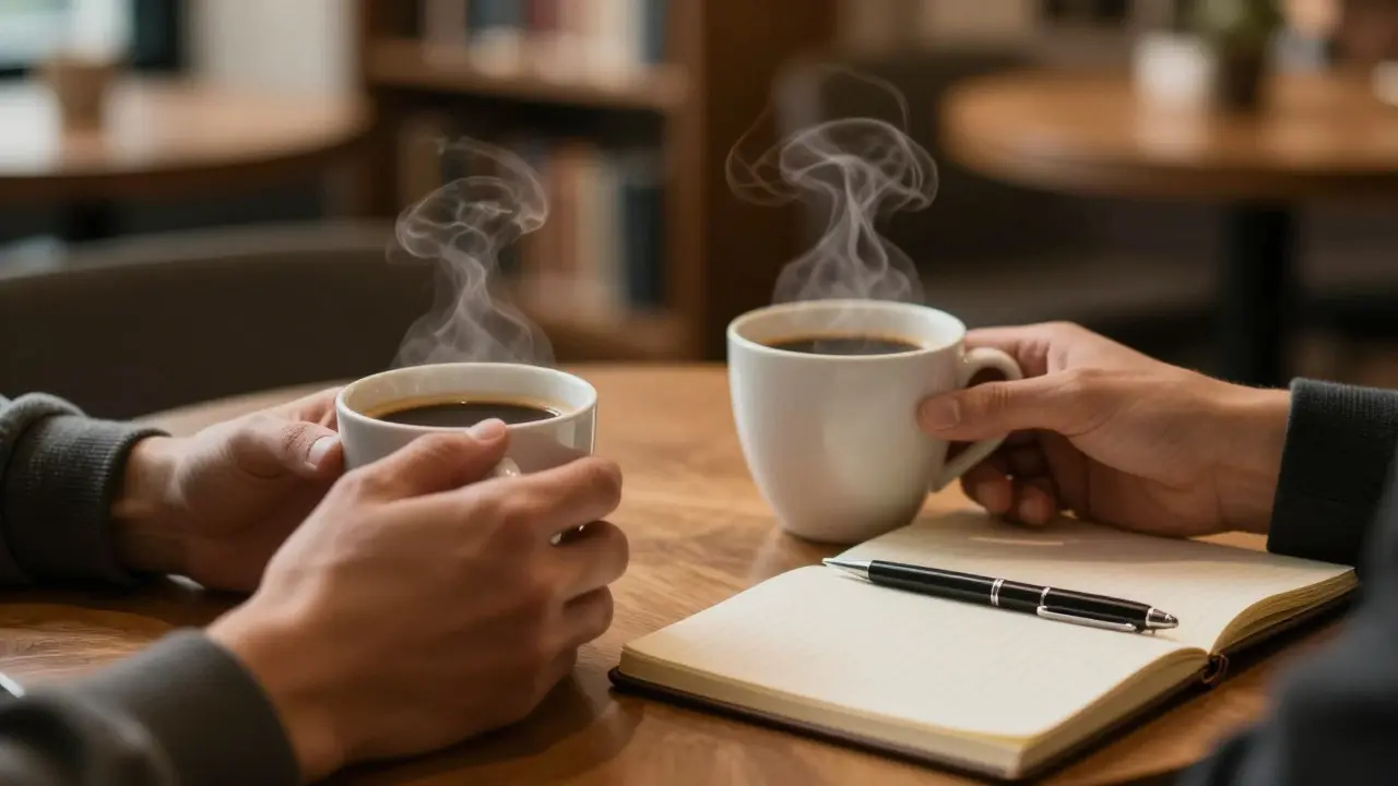 Close up of hands holding coffee cups on a wooden table with a notebook