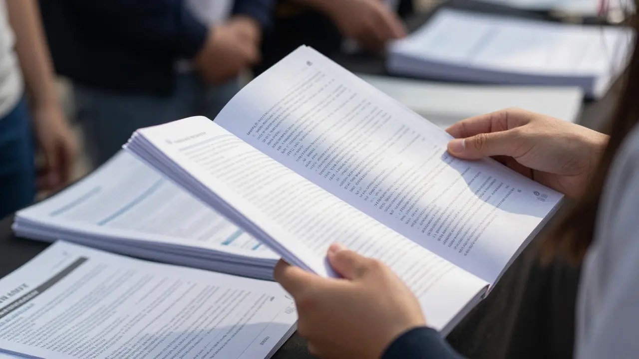 Close-up of hands reviewing a detailed course handbook during a university open day