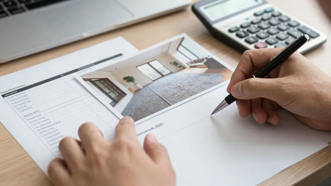Close-up of hands reviewing inventory photos and documents on a desk to claim a deposit refund.