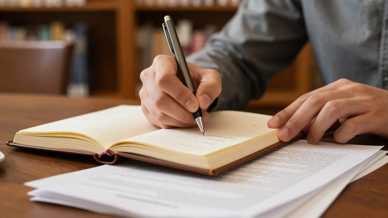 Close-up of hands taking notes next to printed academic papers