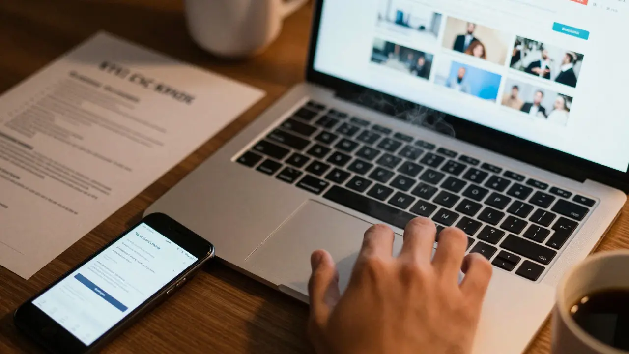 Close-up of hands typing on a laptop with a printed CV and smartphone nearby on a desk