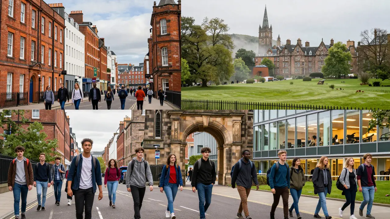 Collage of students in urban, rural, and modern UK campus settings