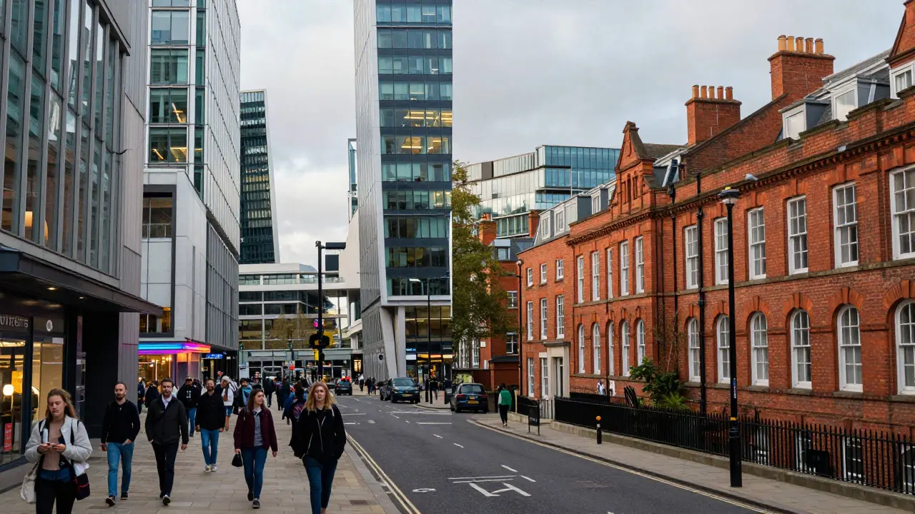 Comparison of a busy London street and a quieter mid-sized UK city