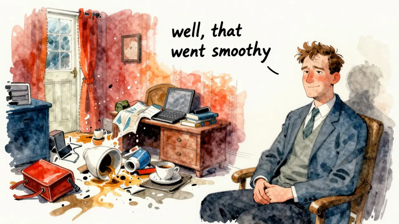 Conceptual art contrasting a chaotic scene with a calm, ironic reaction