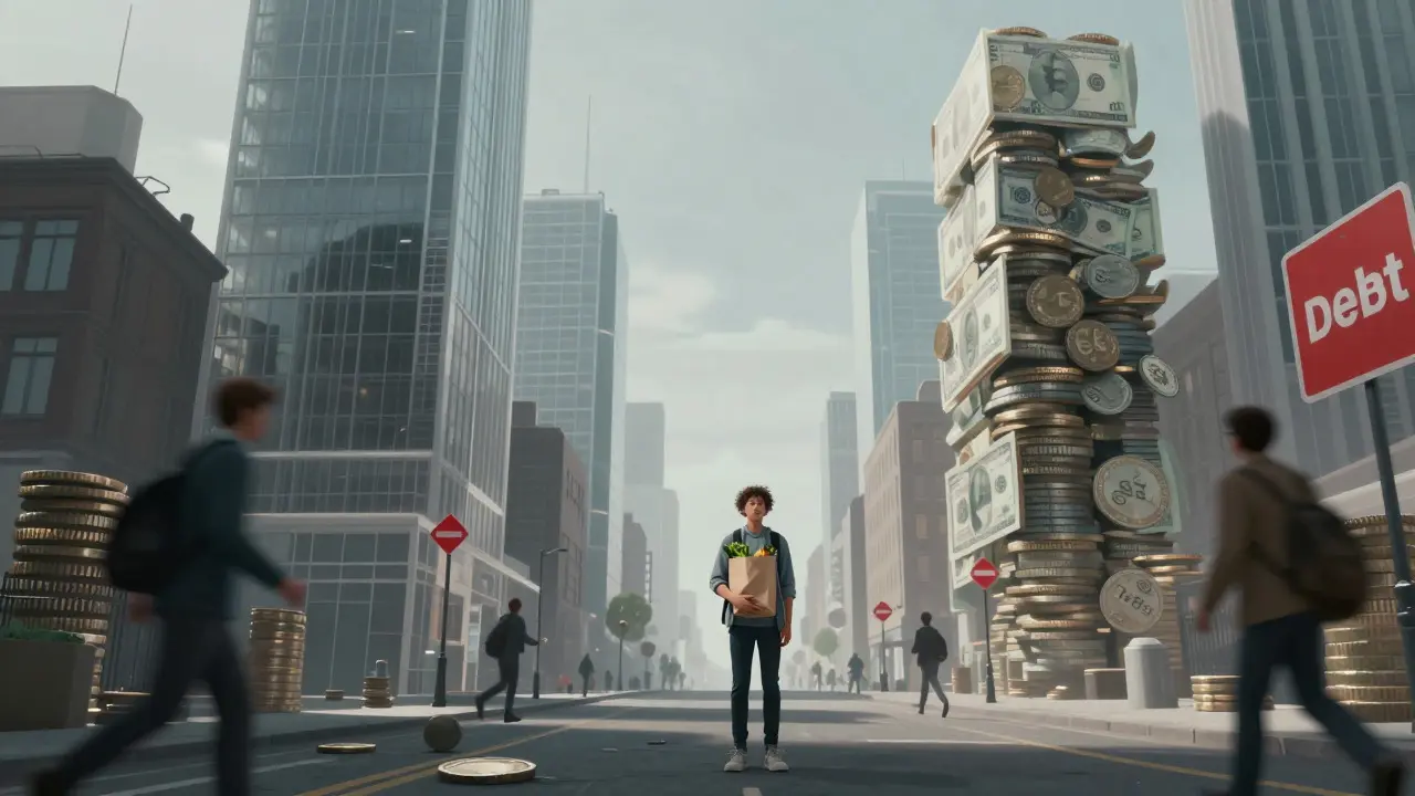 Conceptual art of a student overwhelmed by giant towers of money
