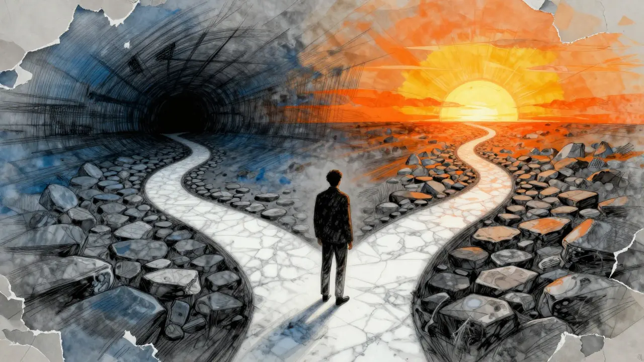 Conceptual art showing a choice between a rigid perfect path and a flexible progressive one