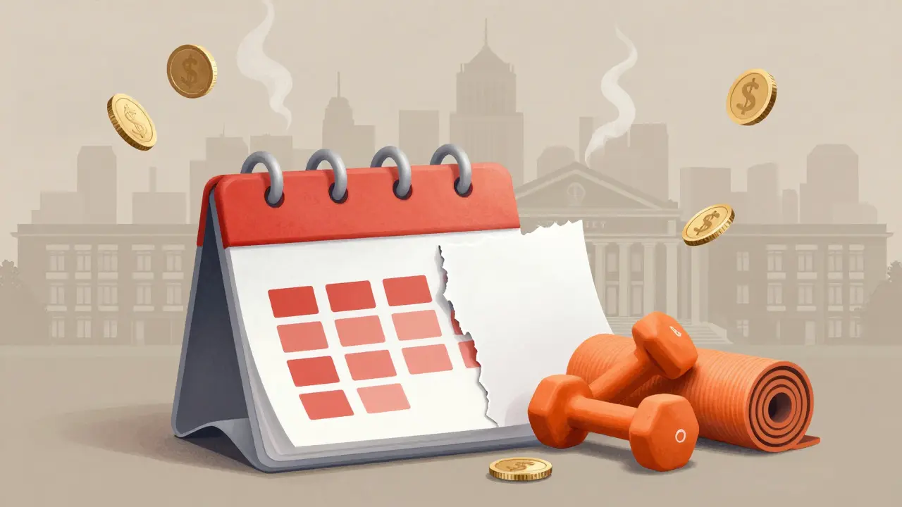Conceptual art showing a torn calendar with fitness gear and rising coins