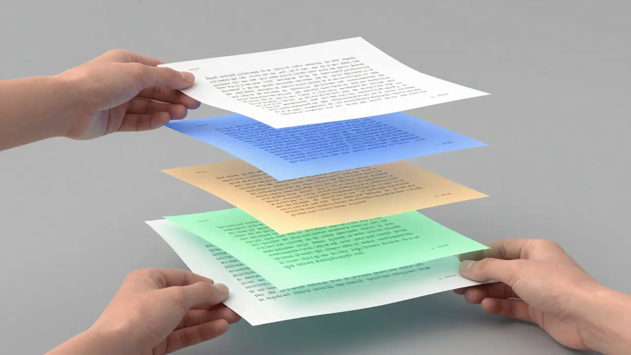 Conceptual art showing an essay broken into four colored layers for different checks