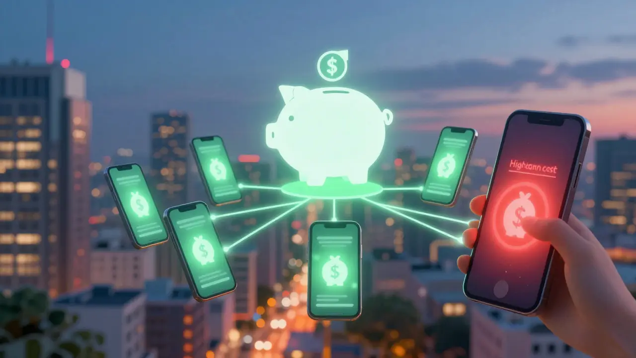Conceptual art showing five phones saving money compared to one expensive option