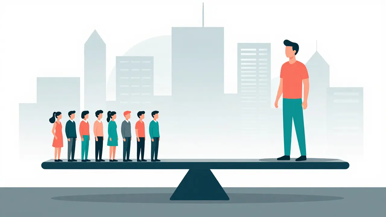 Conceptual illustration comparing median and average salary using a balance scale metaphor