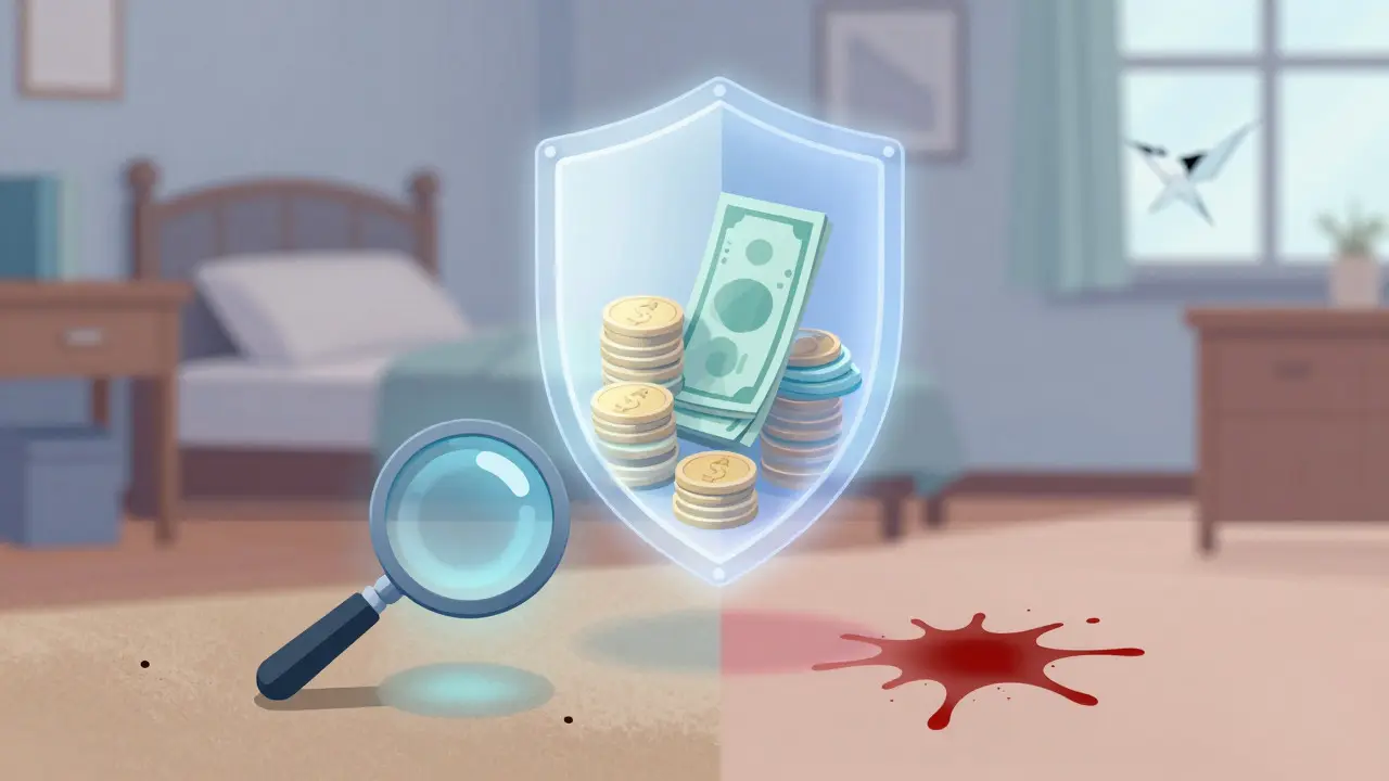 Conceptual illustration of a protected deposit vault above a student room comparing wear and tear versus damage.