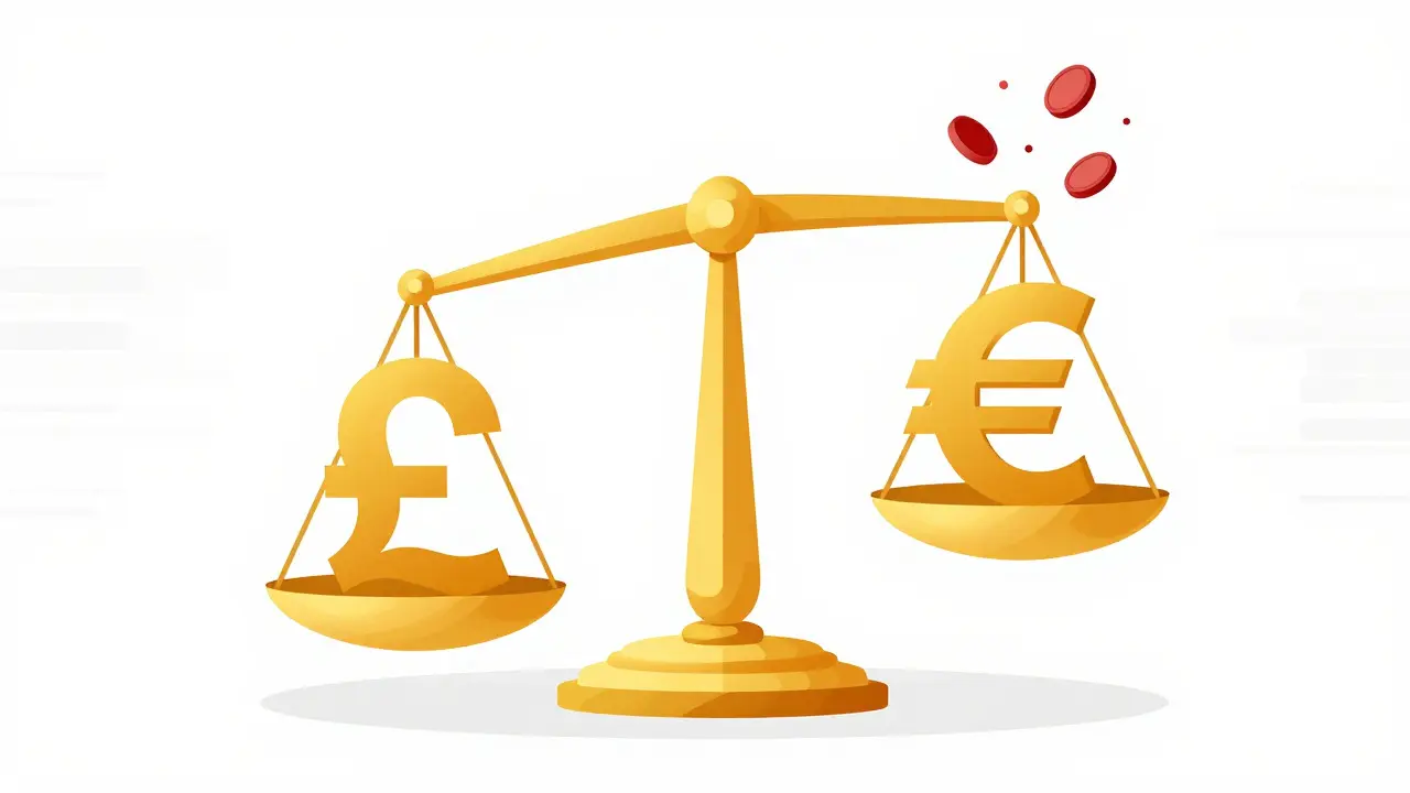 Conceptual illustration of a scale balancing pound and euro currencies