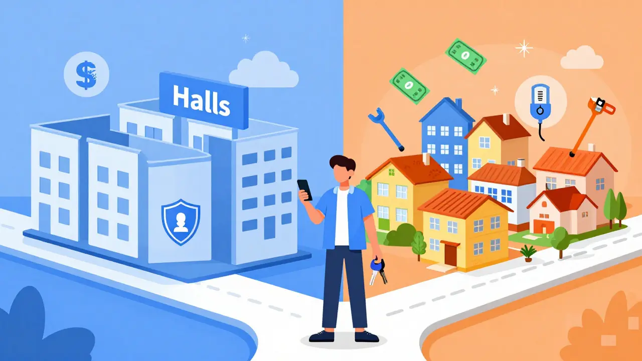 Conceptual illustration of a student choosing between secure halls and managed private housing