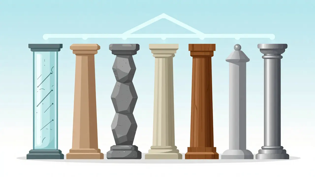 Conceptual illustration of seven pillars representing different research councils under one beam