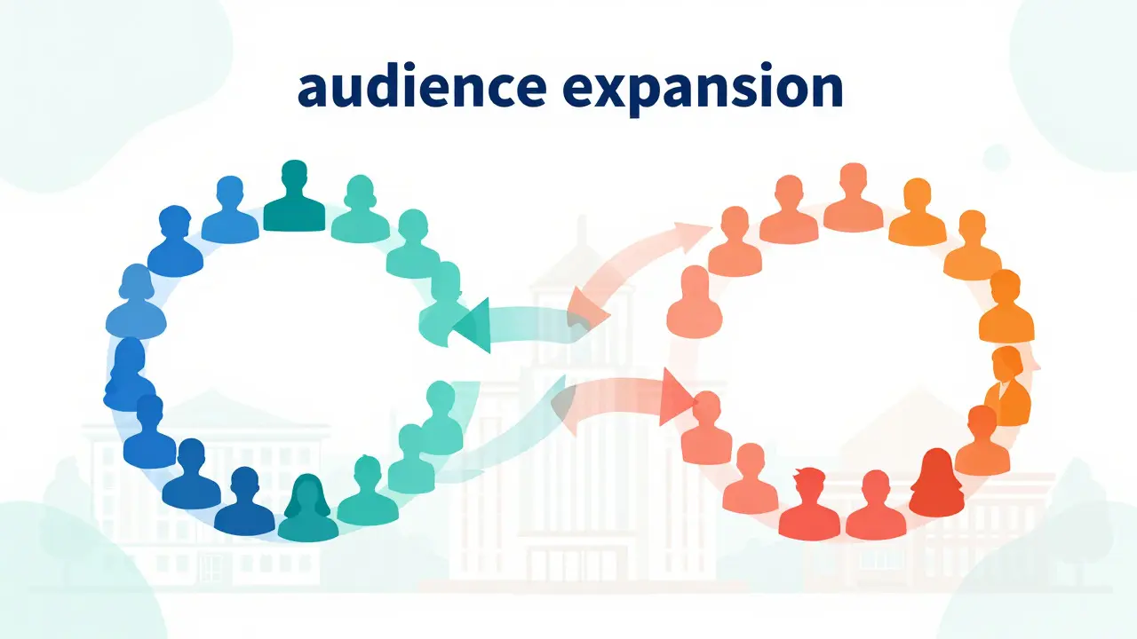 Conceptual illustration of two student groups merging to expand their audience reach