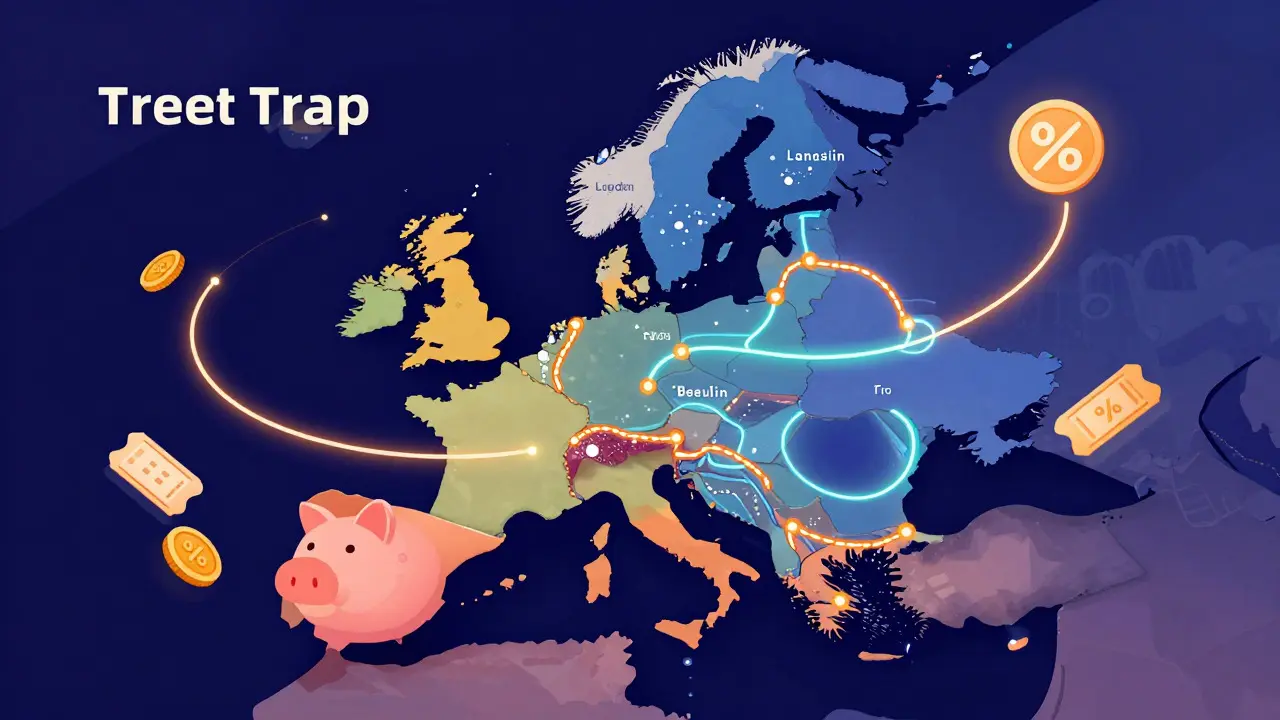 Conceptual map of Europe with glowing rail routes