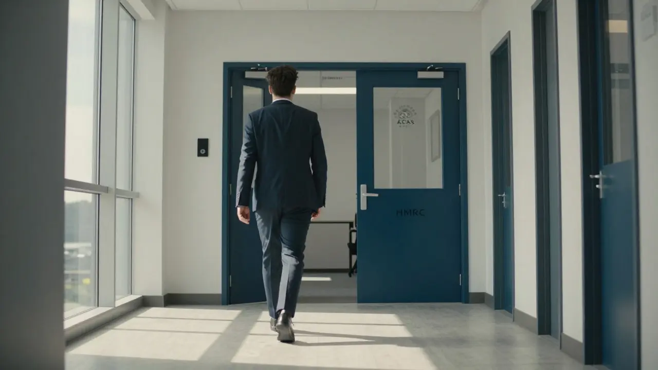 Confident person walking towards office doors in a bright government building