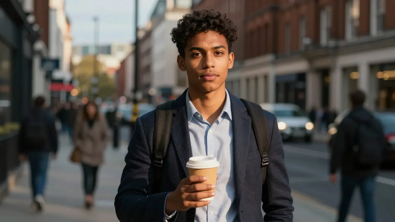 Confident student in a busy UK city street