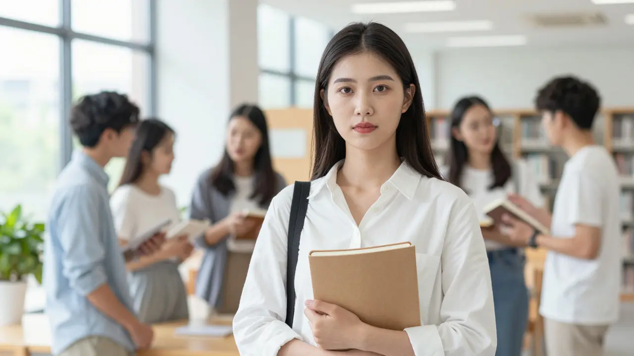 Confident student standing calmly in a busy university library