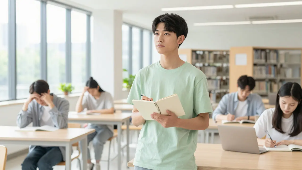 Confident student studying calmly in a sunlit library during exams