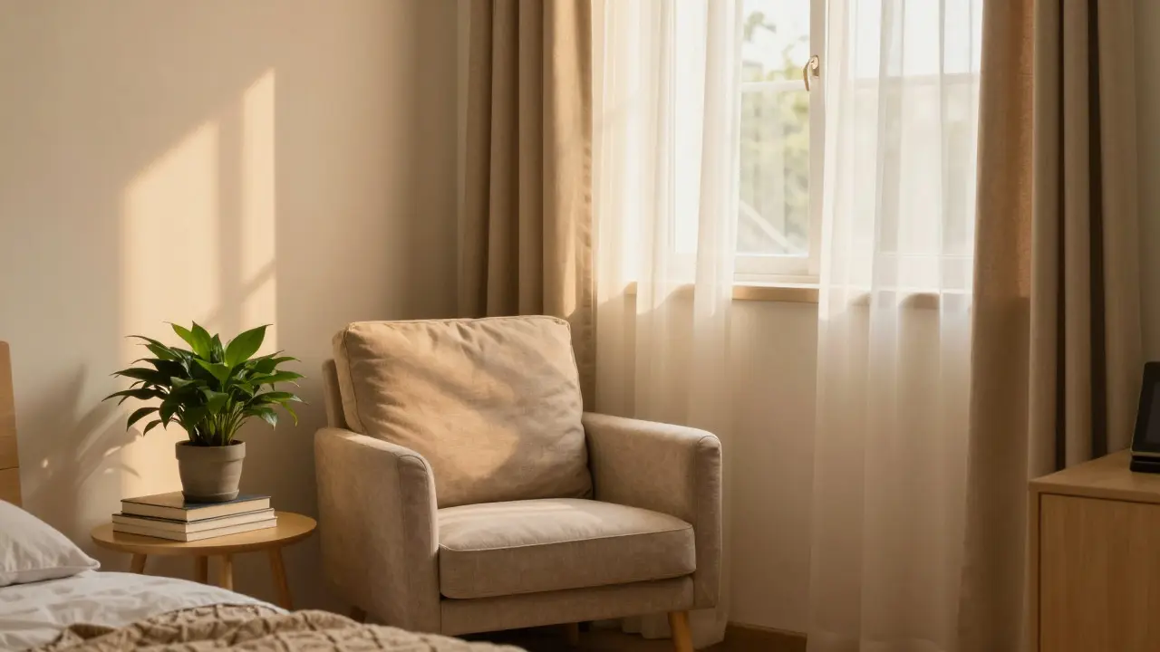 Cozy reading nook with a chair and plant in a dorm room