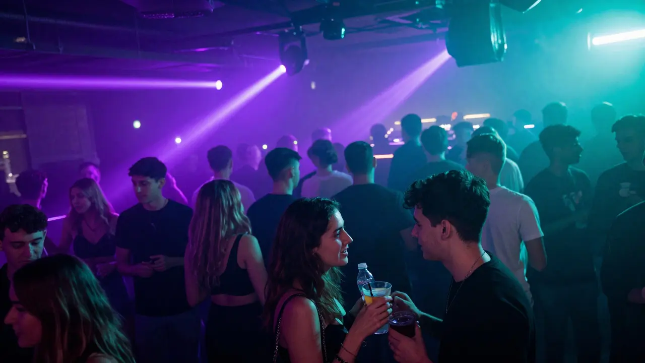 Crowd dancing in a vibrant UK nightclub with purple lighting