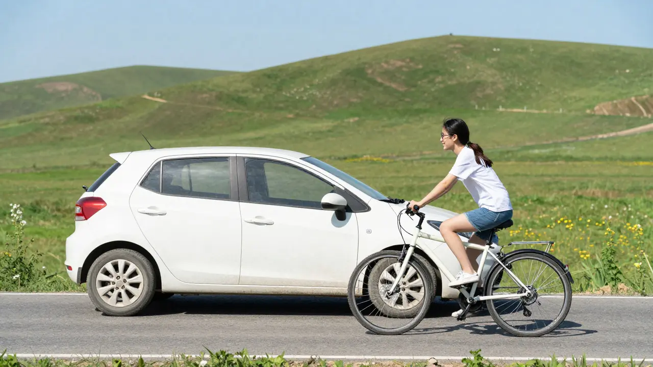 Cyclist riding past a parked car in the countryside