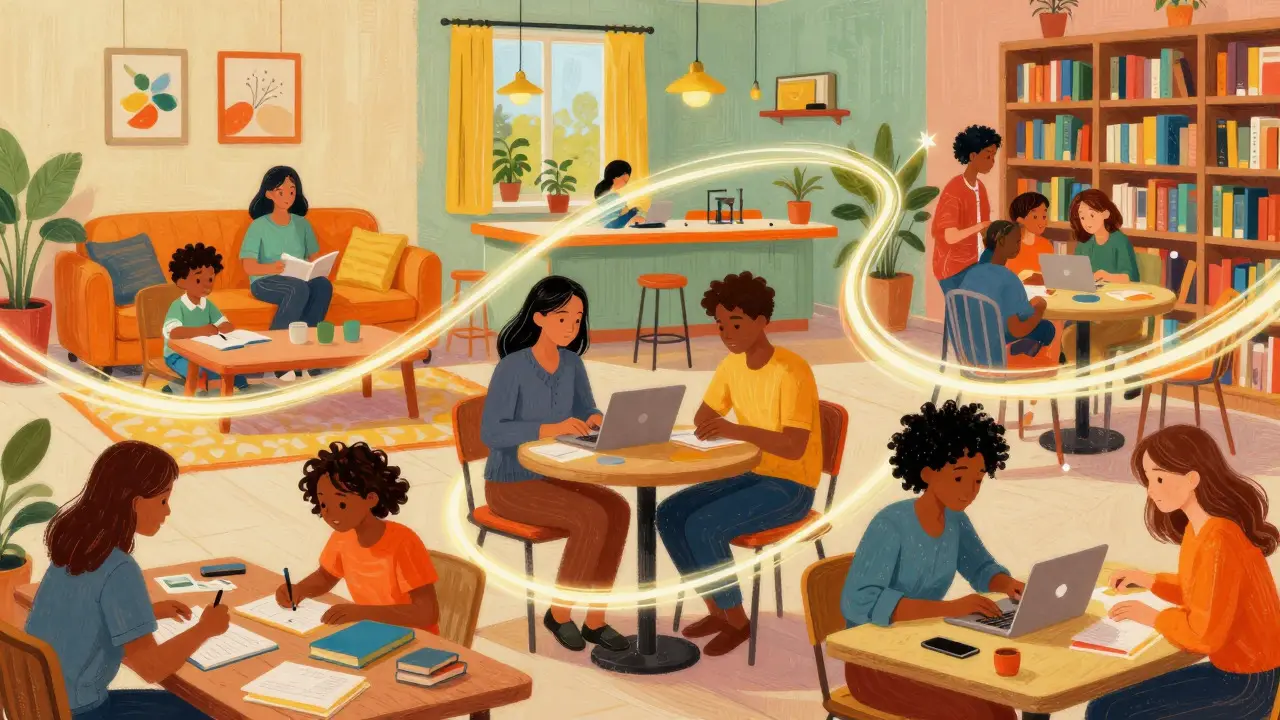 Digital art collage showing student parents working in tutoring, remote, and library settings