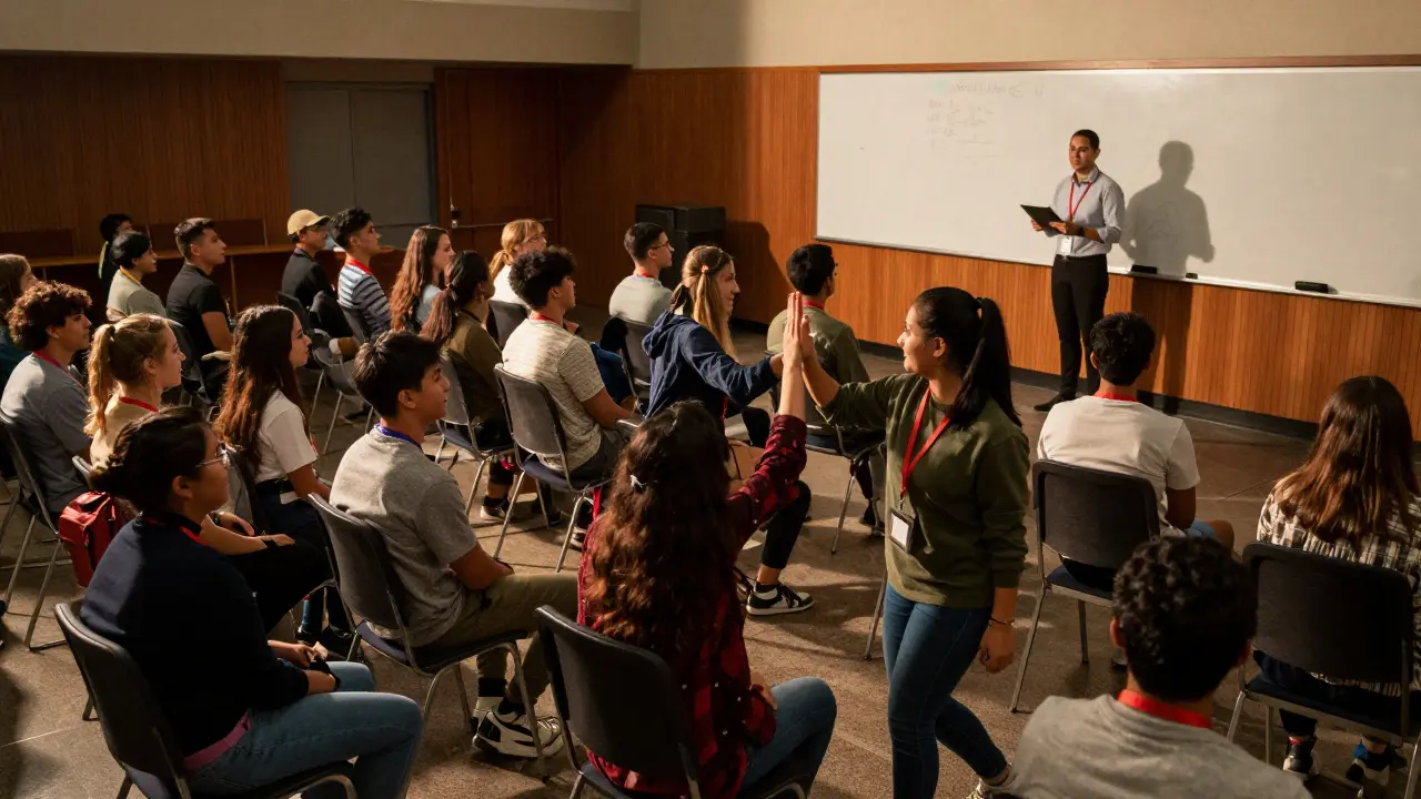 Diverse group of students attending a volunteer induction session in a university hall